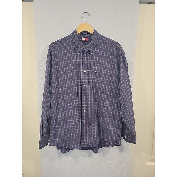 Y2K 2002 TOMMY HILFIGER BUTTON DOWN SHIRT MENS XL BLUE PLAID VINTAGE - Picture 1 of 7
